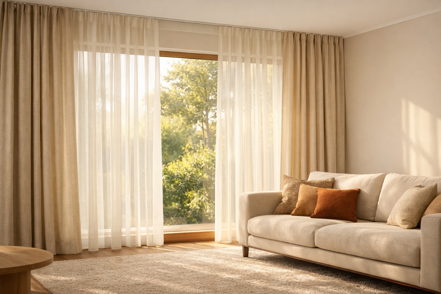 Sala de estar elegante com cortinas em tons neutros